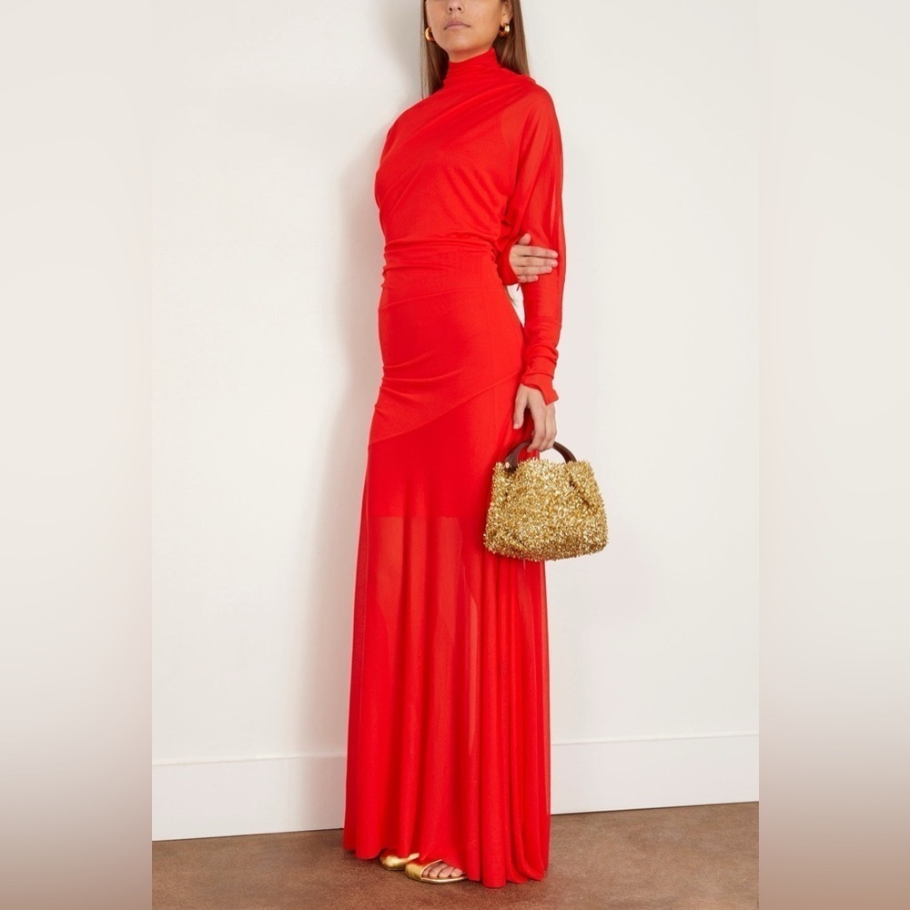 Proenza Schouler Paula Draped Jersey Turtleneck Maxi Dress Red Sheer Sz 12 - Picture 6 of 17
